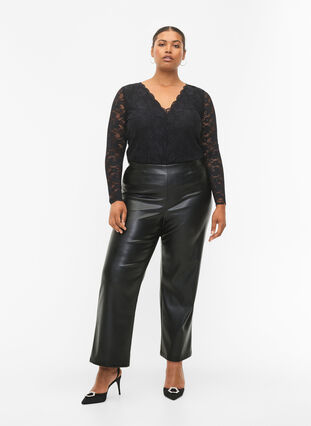 Bodystocking med lange ermer og blonder, Black, Model image number 2