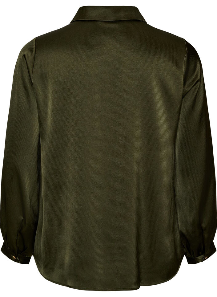 Bluse med skjortekrage og V-hals, Gr&oslash;nn, Packshot image number 1