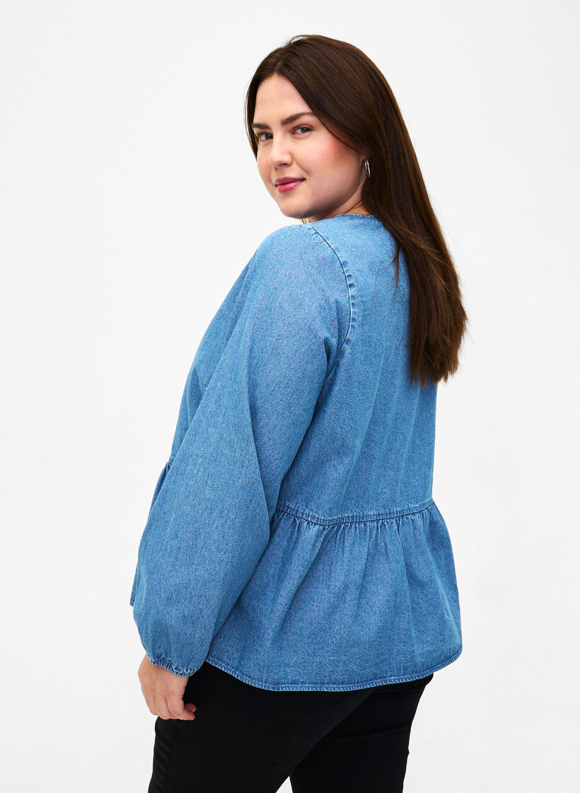 Peplumbluse i denim med knyting, Light Blue Denim, Model image number 1