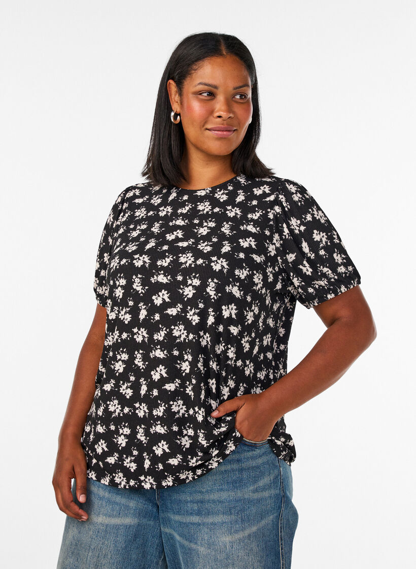 Bluse med lange ermer og blomstertrykk, Svart, Model image number 0