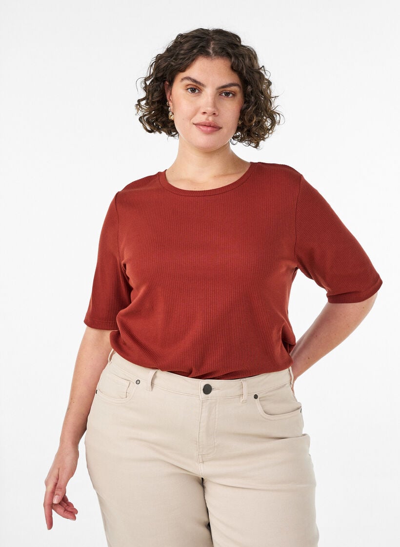 Ribbestrikket jerseybluse med korte ermer, R&oslash;d, Model image number 0