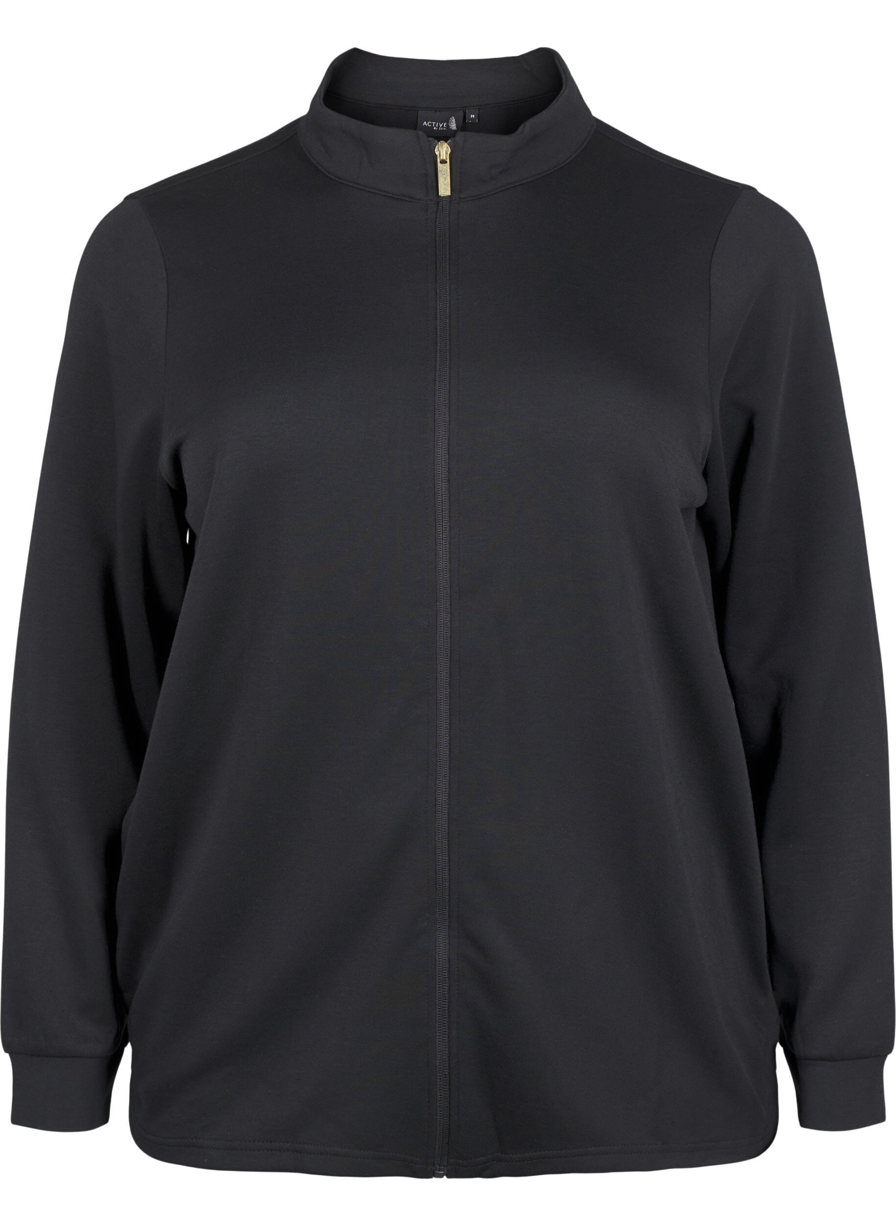 Zizzi Sporty cardigan med glidel&aring;s og lommer, Black, Packshot image number 0