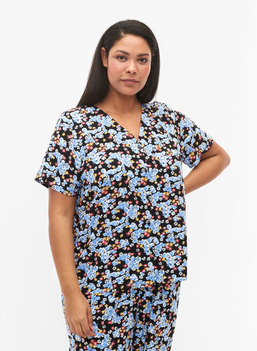 Mønstrete pysjamasskjorte i viskose, Black Blue Flower, Model image number 0