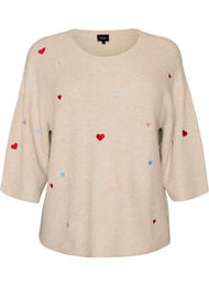 Strikket bluse med hjerter og 3/4-ermer, Beige