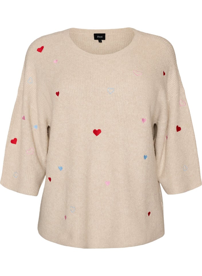 Strikket bluse med hjerter og 3/4-ermer, Beige, Packshot image number 0