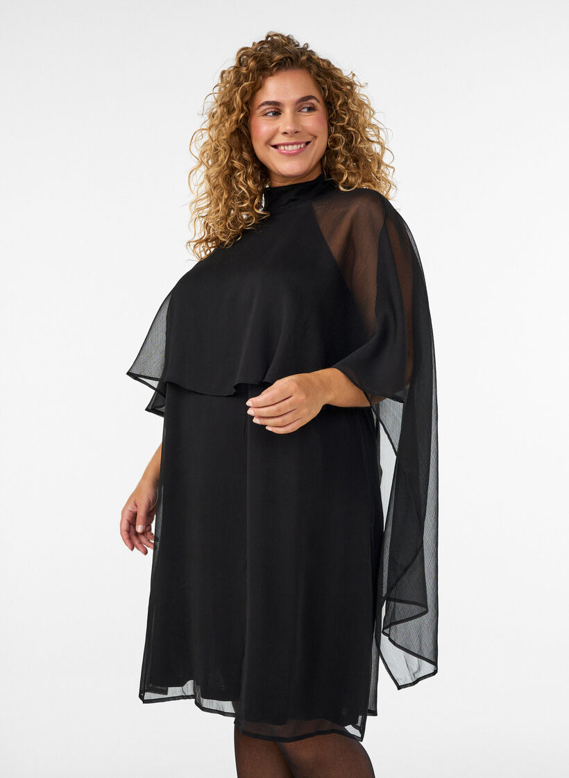 Knelang chiffonkjole med gjennomsiktig kappe, Svart, Model image number 0