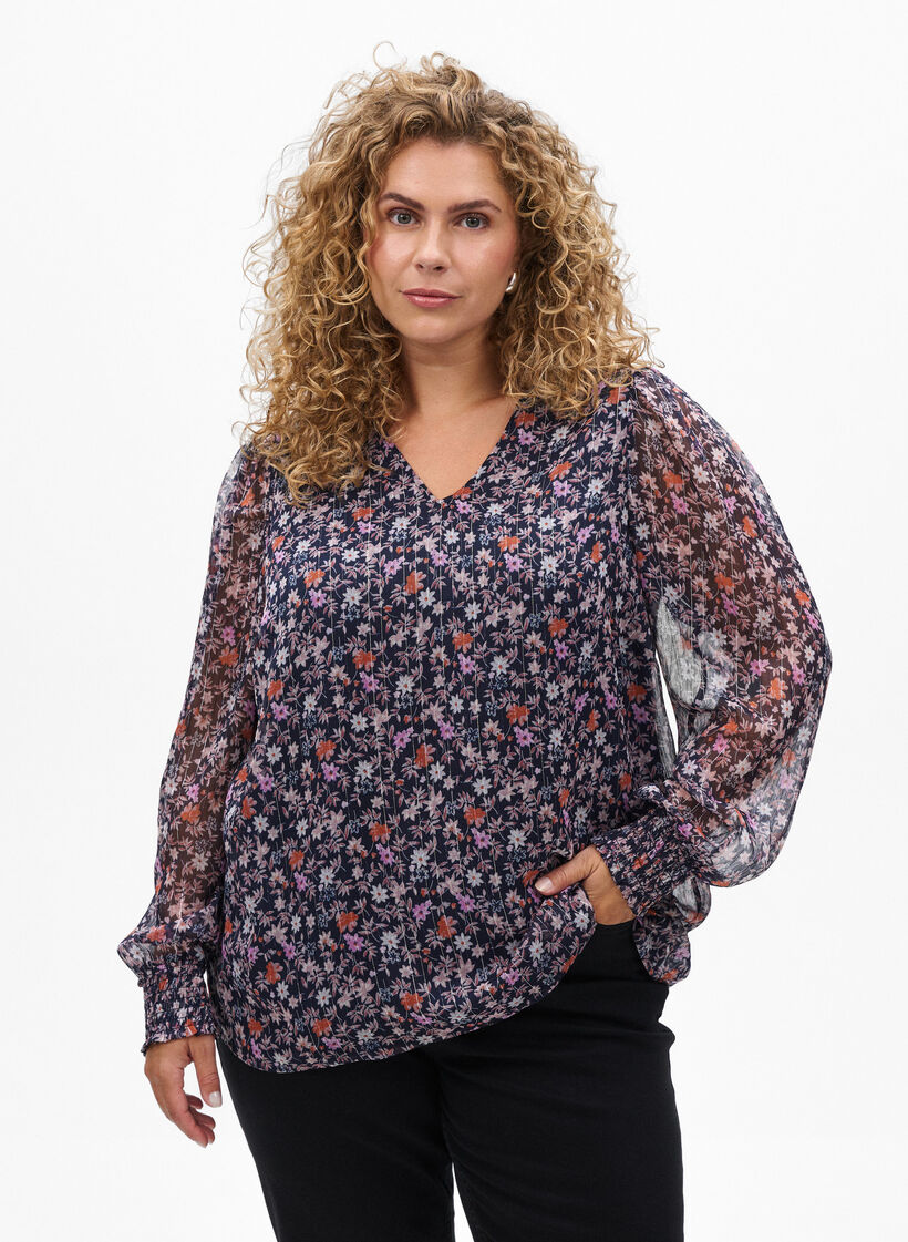 Bluse med blomstertrykk og glittertr&aring;d, Bl&aring;, Model image number 0