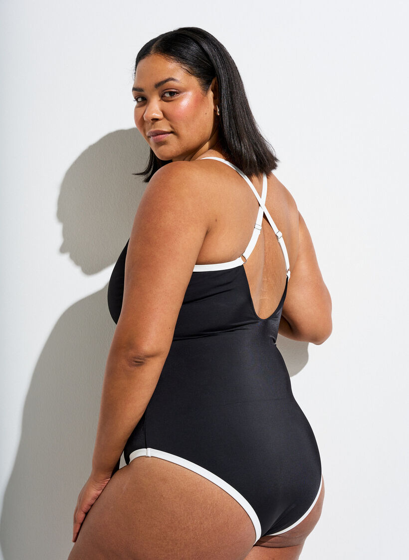 Sportsbadedrakt med kontrastkant og kryssende stropper, Svart, Model image number 2