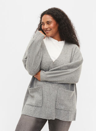 Zizzi Lang strikket cardigan med glidelås og lommer, Medium Grey Melange, Model image number 0
