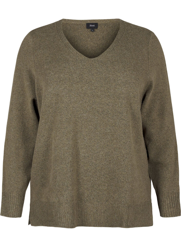 Strikkegenser med V-hals, Dusky G. Black Mel., Packshot image number 0