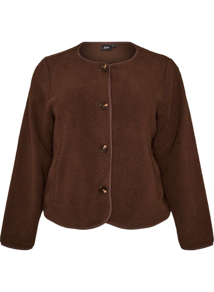 Teddyjakke med rund hals og knapper, Brun, Packshot image number 0