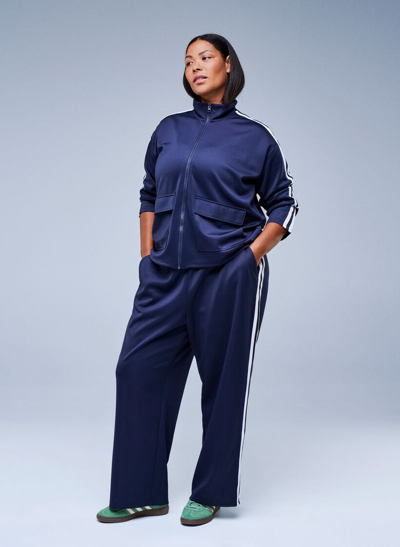 Trackpants med høy midje og sporty striper, Blå, Image