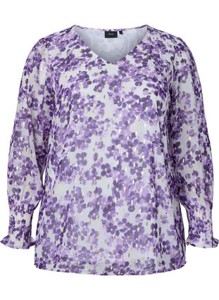 Blomstrete bluse med lange ermer og V-hals, Beige/Purple Flower, Packshot image number 0