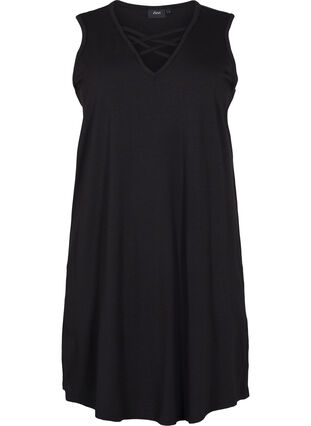 Ermeløs nattkjole med V-hals og snøre, Black, Packshot image number 0