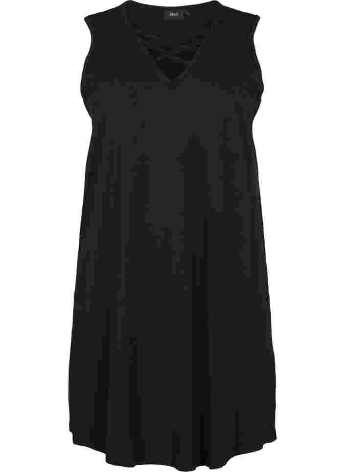 Ermeløs nattkjole med V-hals og snøre, Black