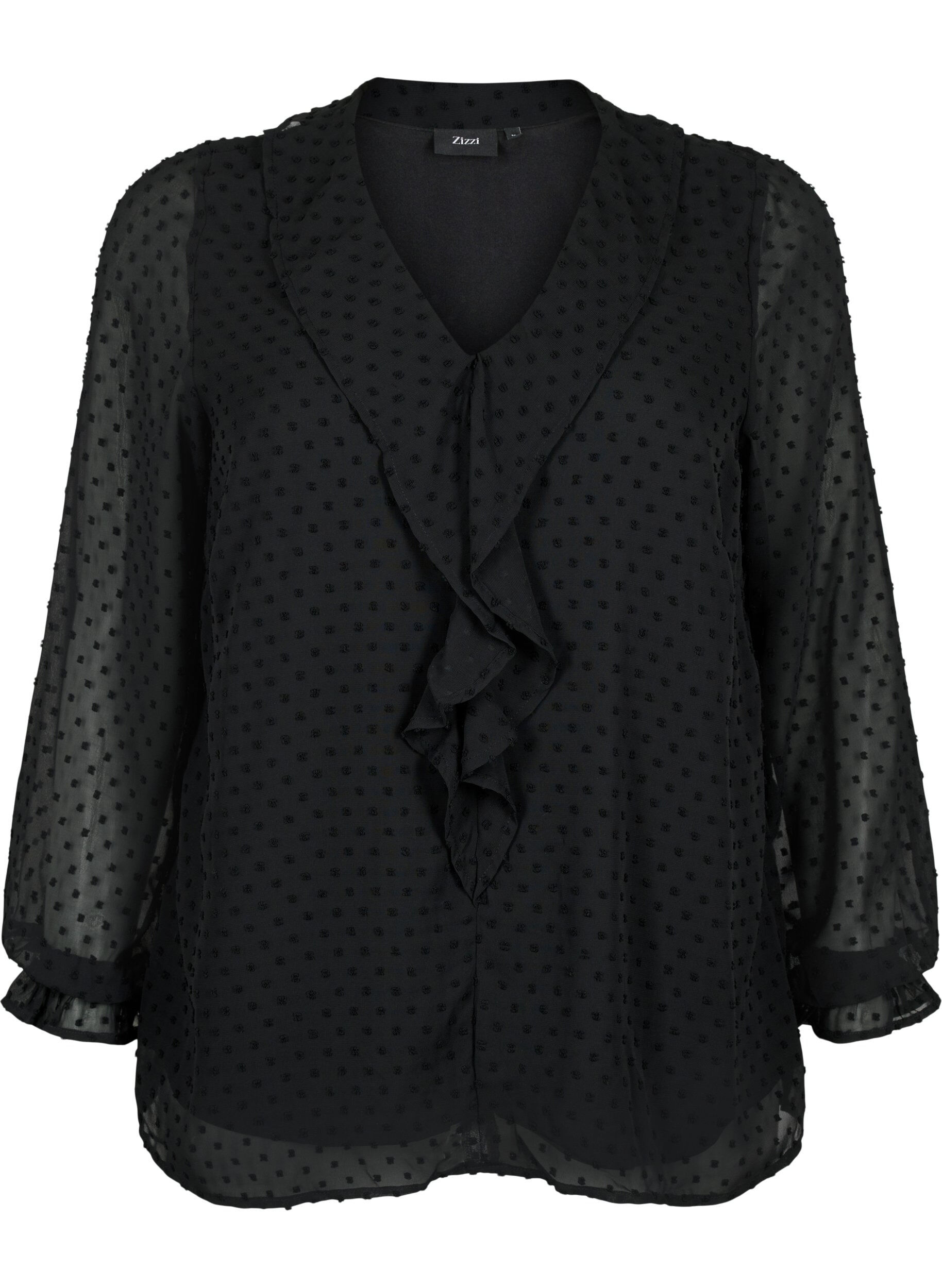 Zizzi Bluse med volanger og prikkete tekstur, Black, Packshot image number 0