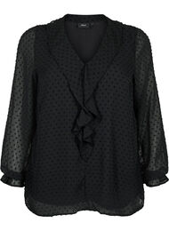 Bluse med volanger og prikkete tekstur, Black