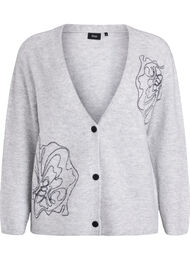 Cardigan med V-hals og broderte blomster, Light Grey Melange