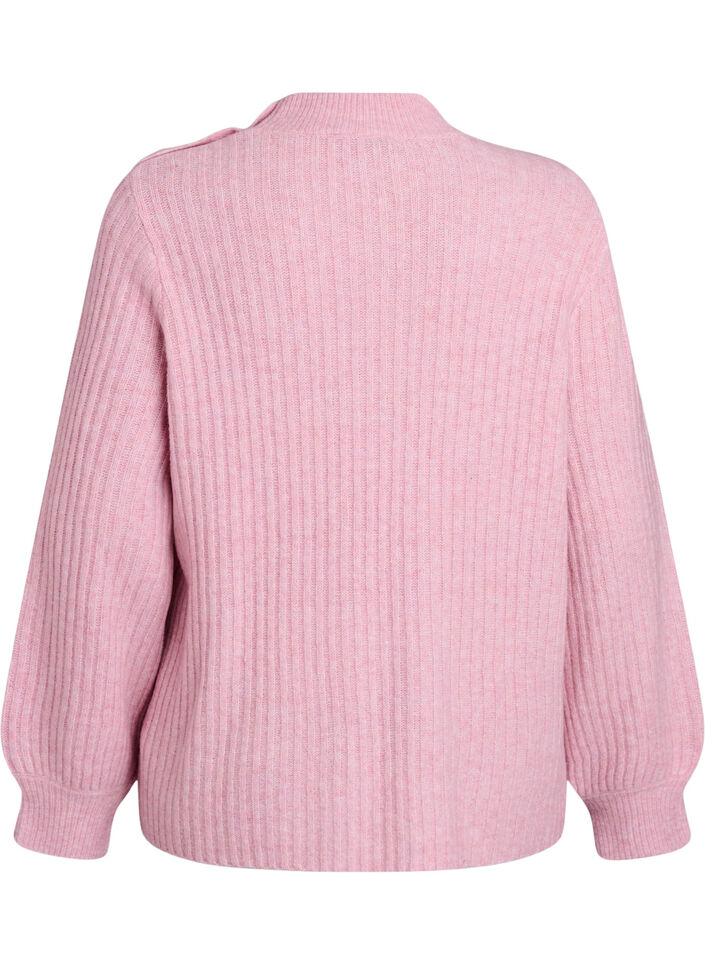 Ribbestrikket genser med puffede ermer og knapper, Rosa, Packshot image number 1