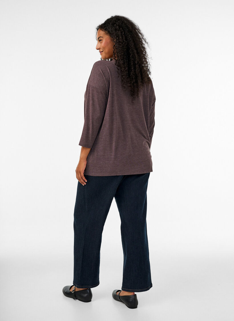 Jersey bluse med 3/4 ermer, Brun, Model image number 2