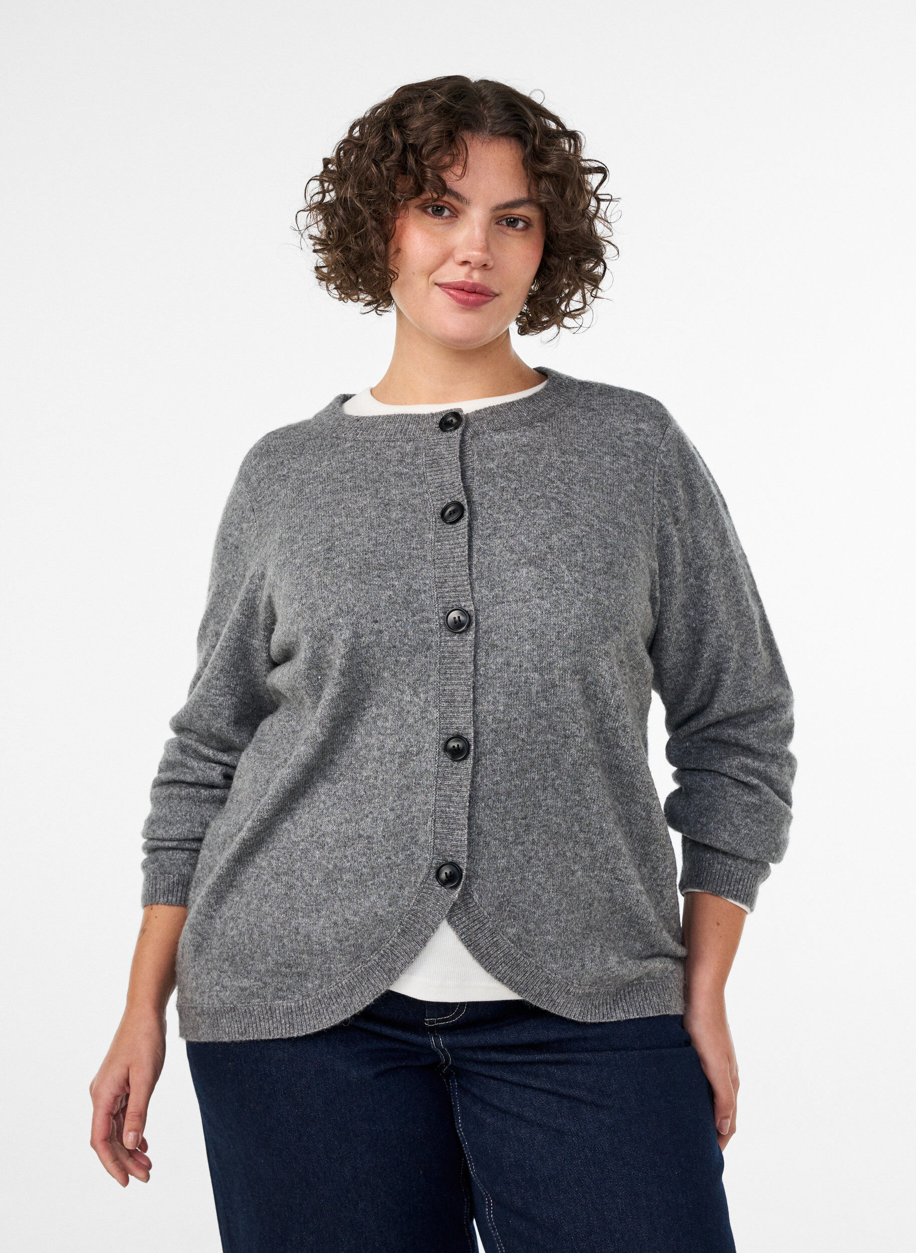 ZizziCardigan med knapper og avrundet front, Gr&aring;, Model image number 0
