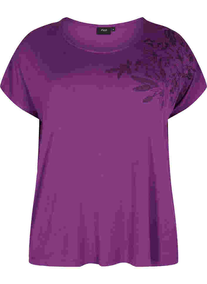 Kortermet T-skjorte i viskose med blomstermønster, Grape Juice Flower, Packshot image number 0