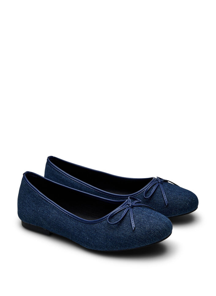 Wide fit - Denim ballerina med sløyfe, Dark Blue Denim, Packshot