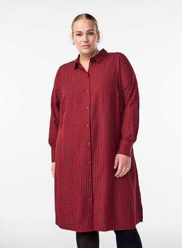 Zizzi Lang stripet skjorte med knappedetalj bak, Rød, Model image number 0