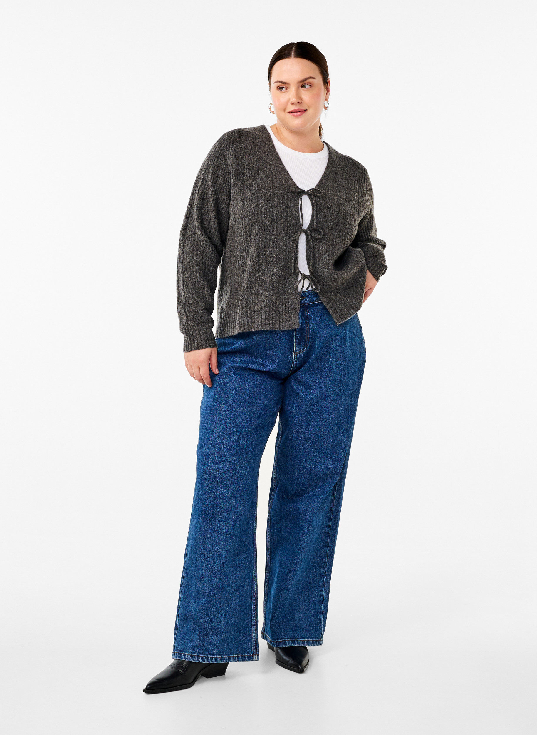 Zizzi Strikket cardigan med knytedetaljer, Dark Grey Melange, Model image number 2