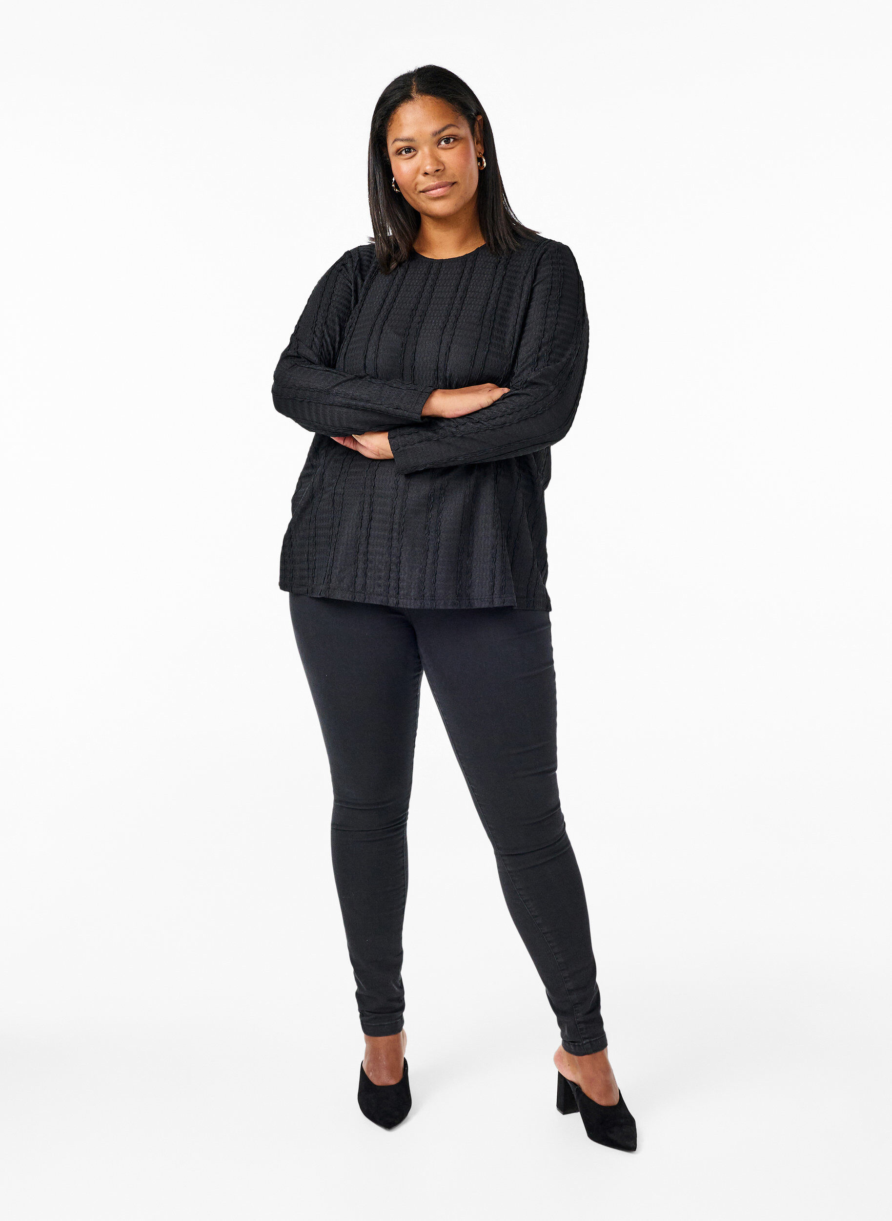 Zizzi Langermet bluse med tekstur, Black, Model image number 2