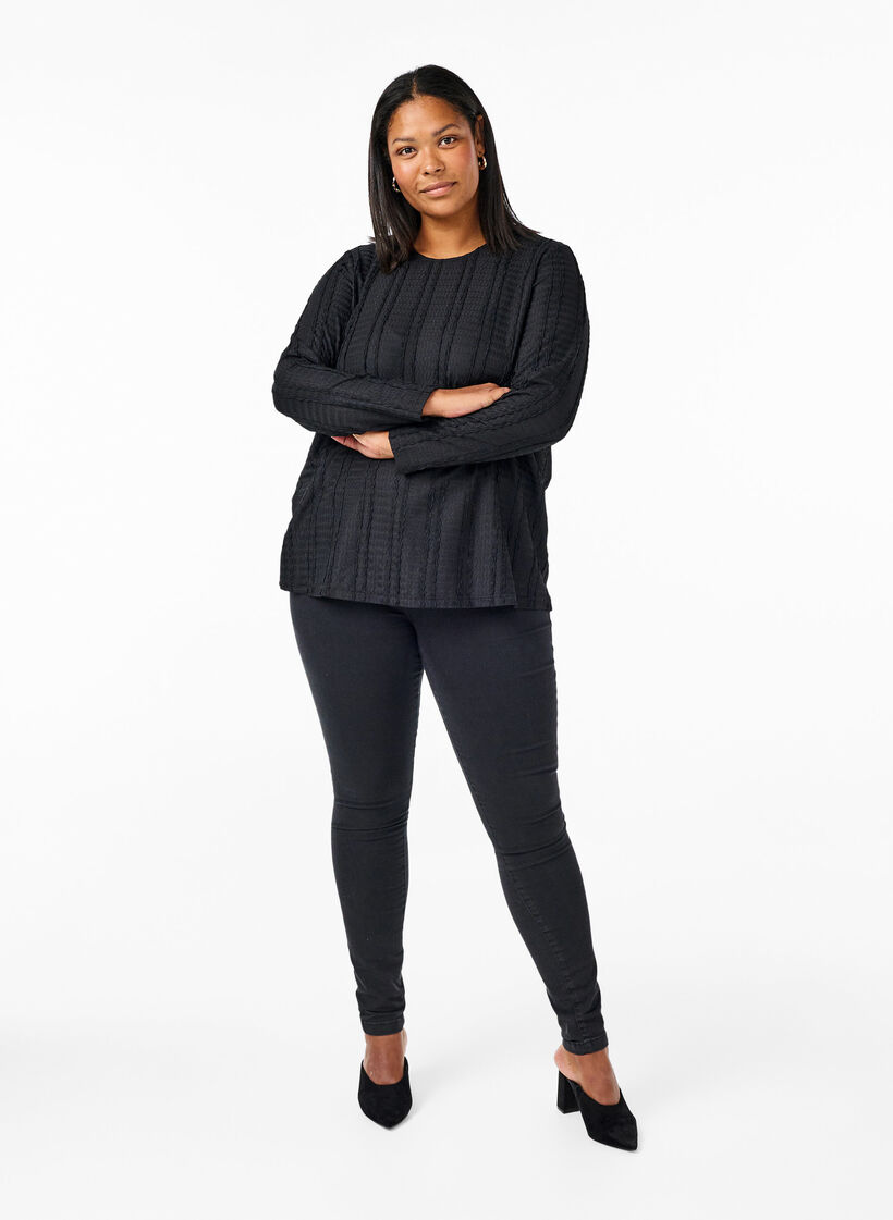 Langermet bluse med tekstur, Black, Model image number 2