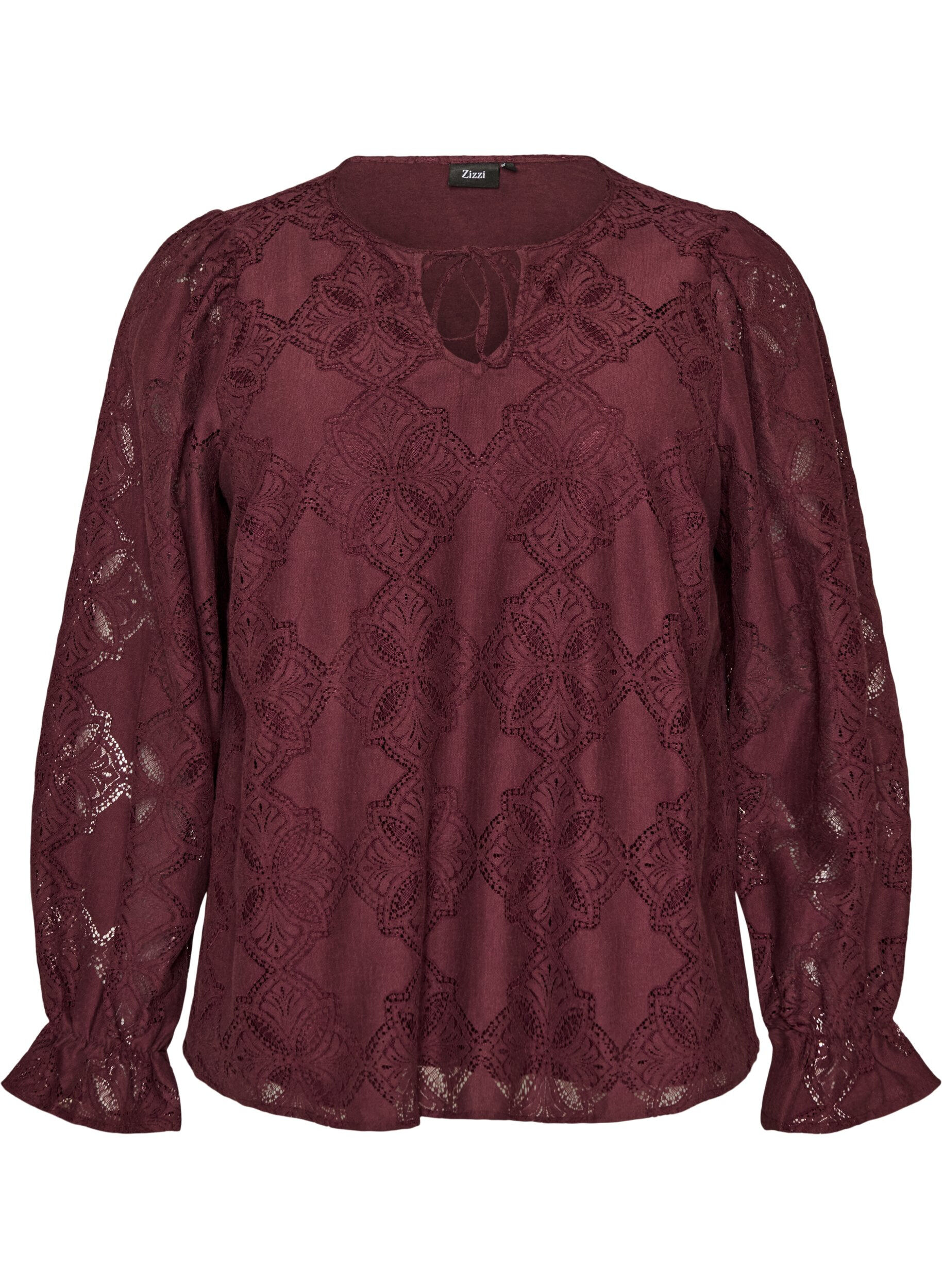 ZizziLangermet bluse med blondem&oslash;nster, M&oslash;rk Bordeaux, Packshot image number 0