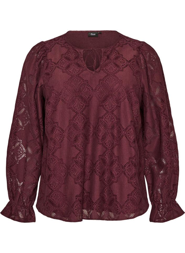 Langermet bluse med blondem&oslash;nster, M&oslash;rk Bordeaux, Packshot image number 0