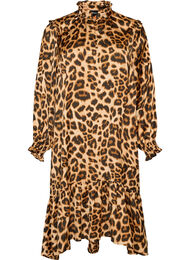 Kjole med leopardtrykk og volangdetaljer, Brun