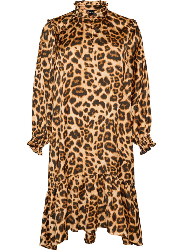 Kjole med leopardtrykk og volangdetaljer, Brun, Packshot image number 0