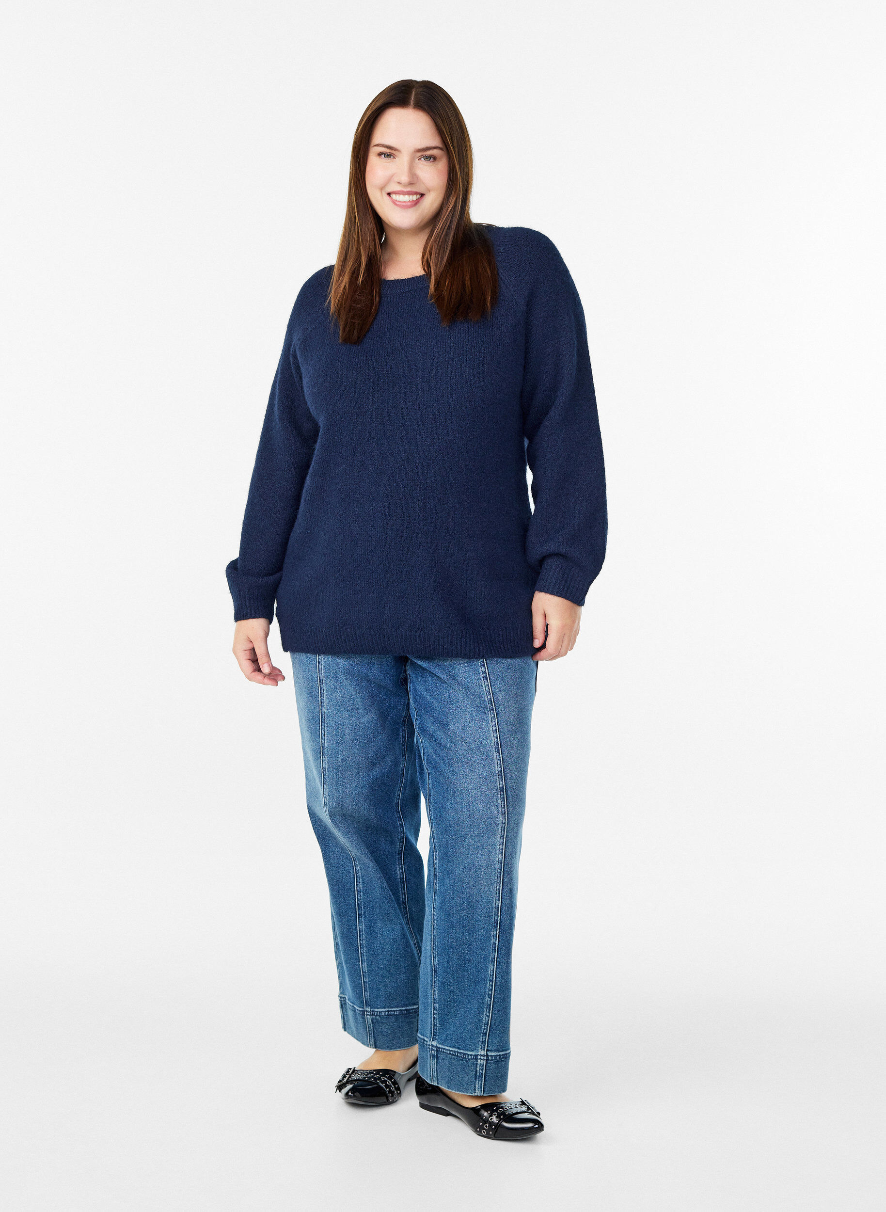 Zizzi Strikkebluse med raglanermer, Bl&aring;, Model image number 1