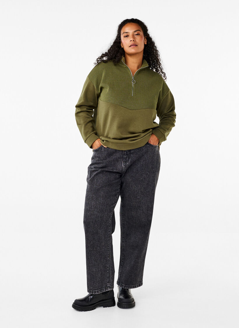 Genser med strikkevarer og glidelås, Winter Moss, Model image number 2