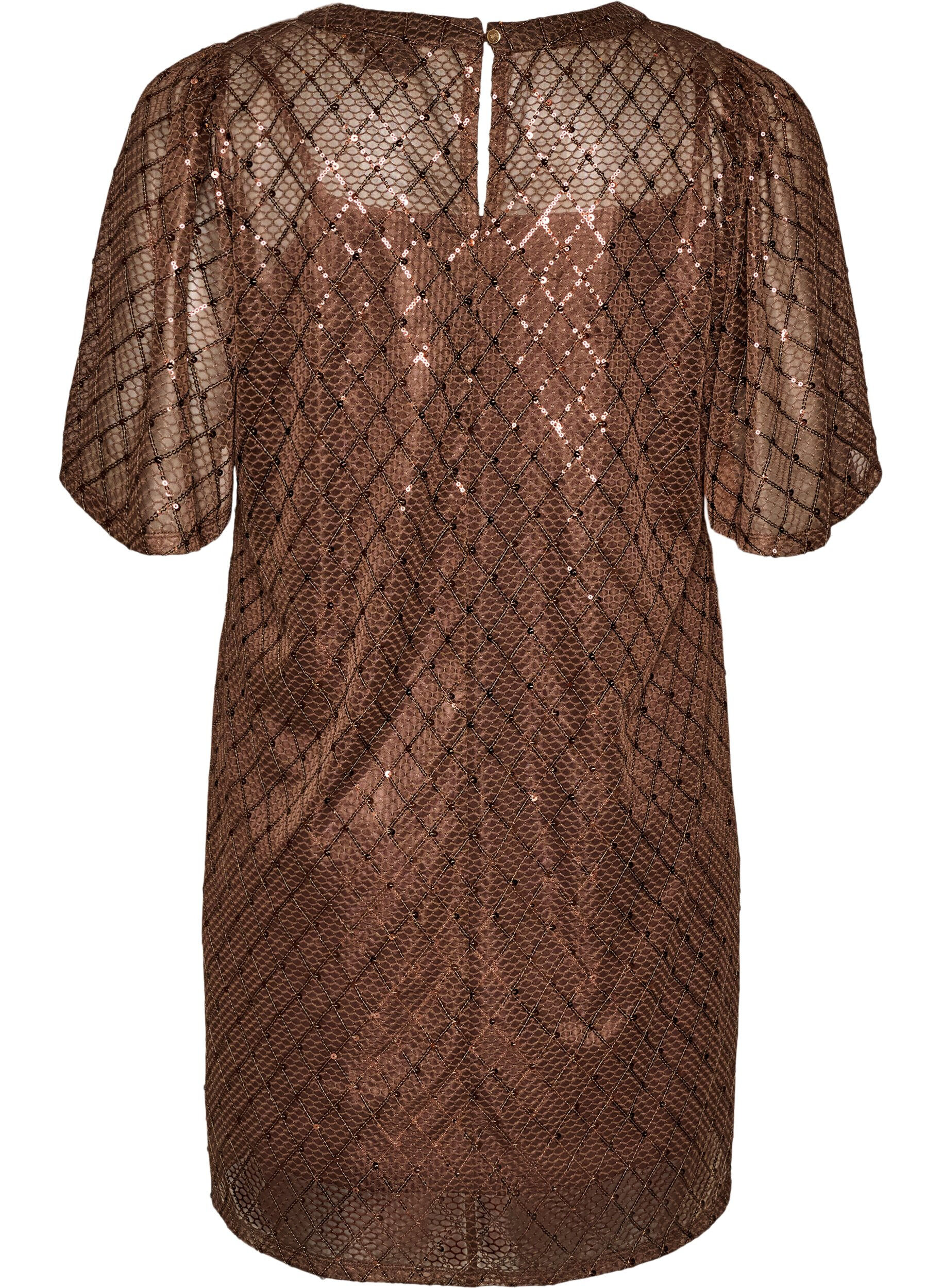 ZizziKort paljettkjole med diamantm&oslash;nster, Brun, Packshot image number 1