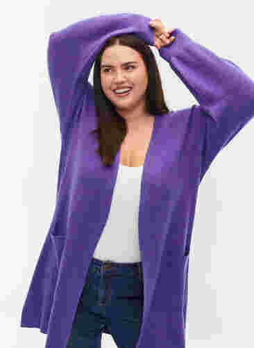 Lang strikket cardigan med ballongermer, Purple Opulence, Model image number 1