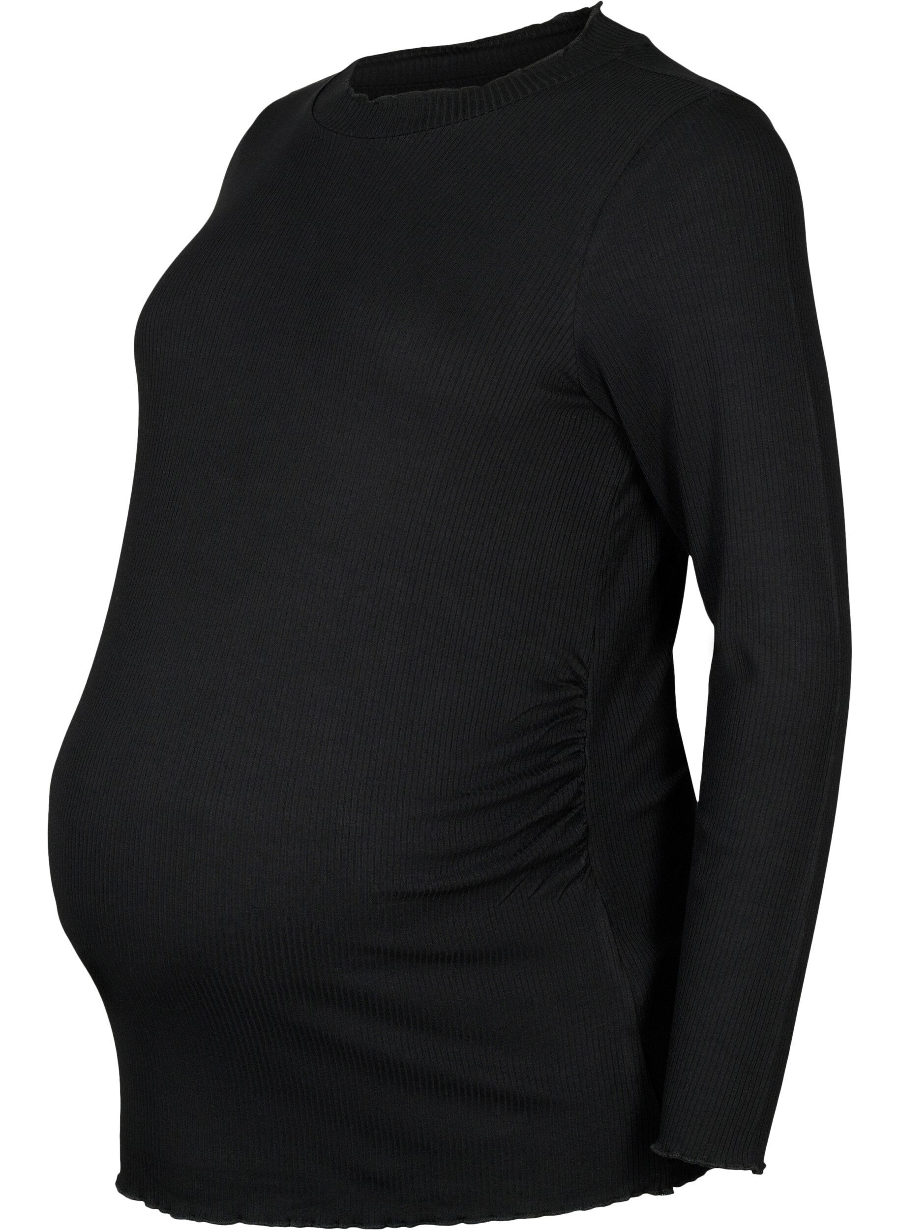 Zizzi Langermet, ribbestrikket bluse i mammamodell, Black, Packshot image number 0