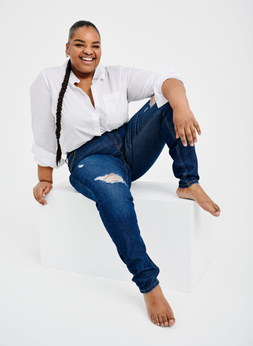 Super slim Amy jeans med slitte detaljer og høyt liv, Dark blue, Image image number 0