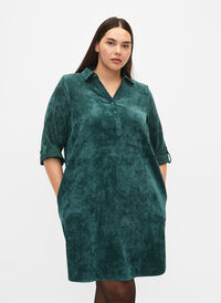 Fløyelskjole med 3/4-ermer og knapper, Deep Teal, Model