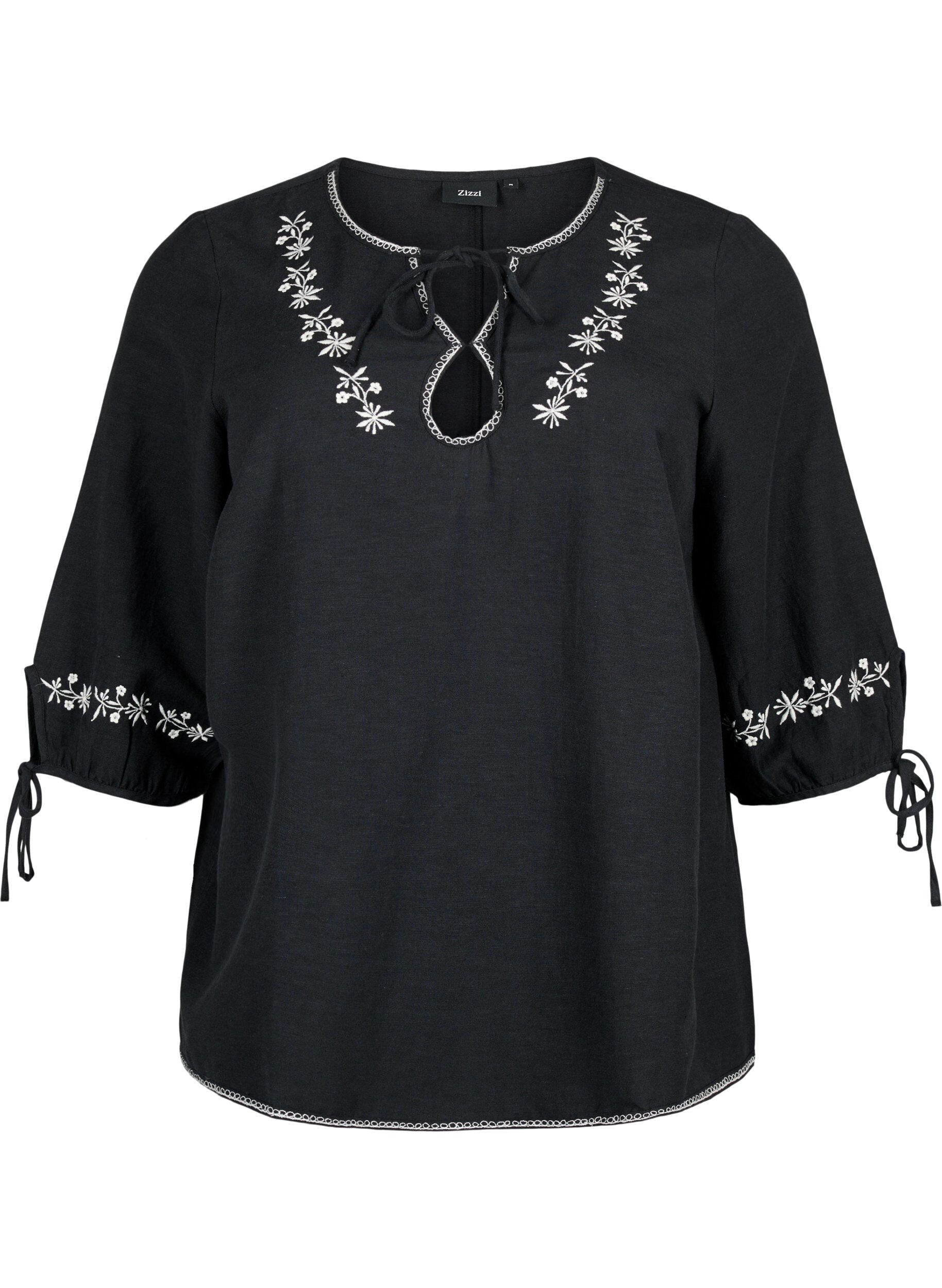 Zizzi Brodert bluse i bomullsblanding med lin, Black W. EMB, Packshot image number 0