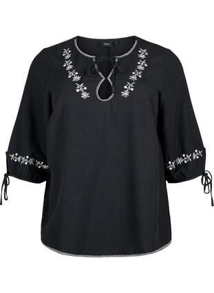 Brodert bluse i bomullsblanding med lin, Black W. EMB, Packshot image number 0