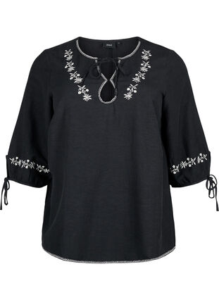 Zizzi Brodert bluse i bomullsblanding med lin, Black W. EMB, Packshot image number 0