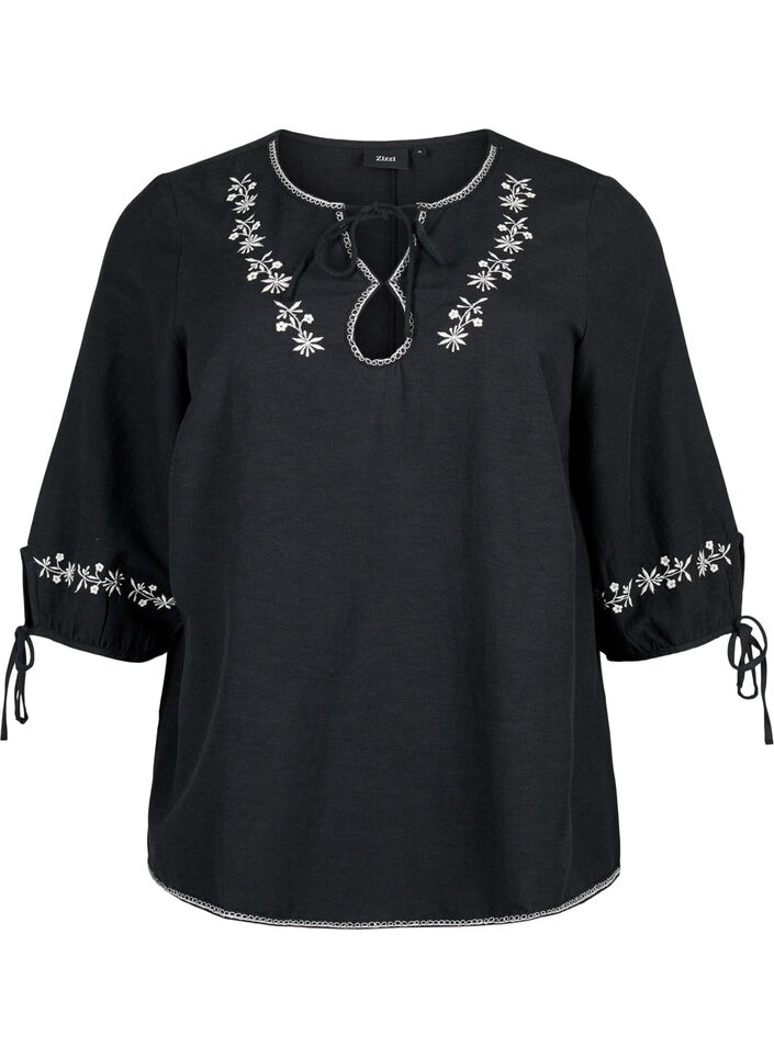 Brodert bluse i bomullsblanding med lin, Black W. EMB, Packshot image number 0