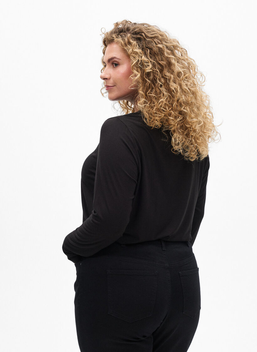 Ensfarvet bluse med lange ermer, Svart, Model image number 2