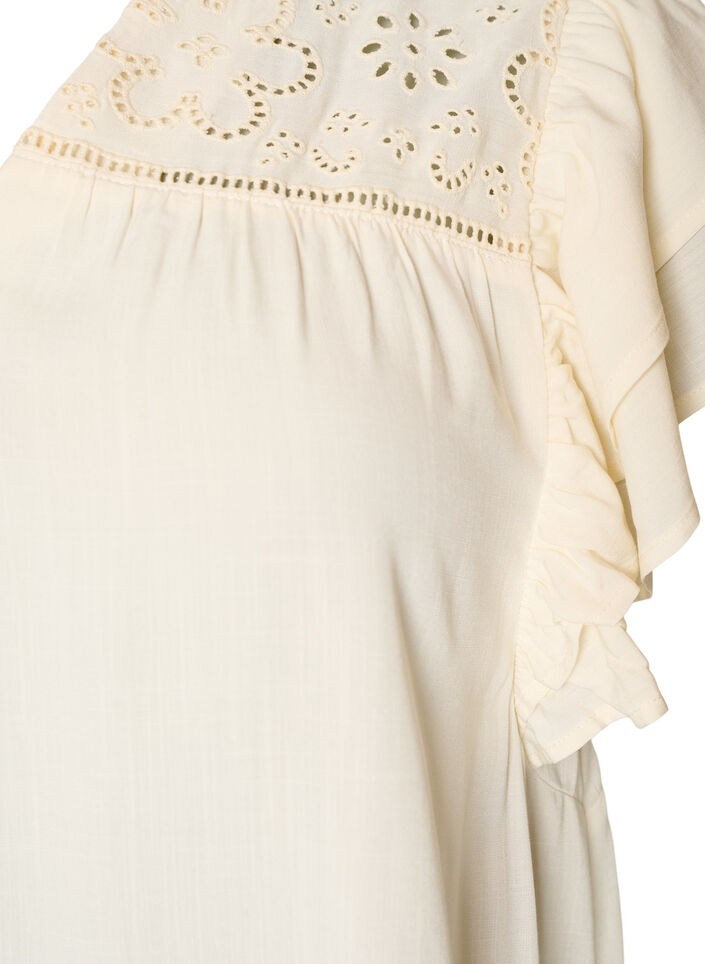 Tunika med broderie anglaise og volangermer, Beige, Packshot image number 2