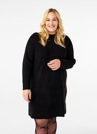 Kort ribbestrikket kjole med rund hals, Black Kort ribbestrikket kjole med rund hals, Black, Model