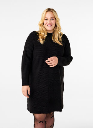 Zizzi Kort ribbestrikket kjole med rund hals, Black, Model image number 0